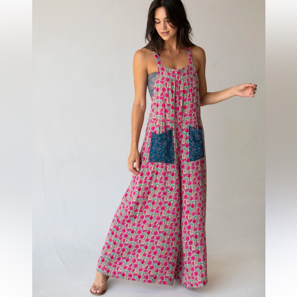 NATURAL LIFE Pink Floral Wide-Leg Jumpsuit with Blue Patch Pockets